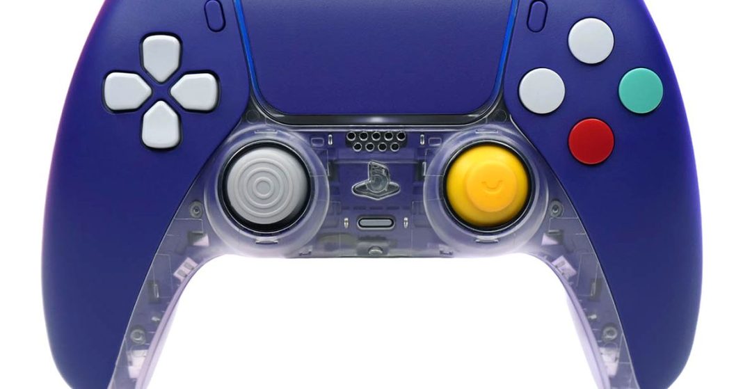 The Killscreen CubeSense PS5 Controller featuring a GameCube colorway and joysticks.