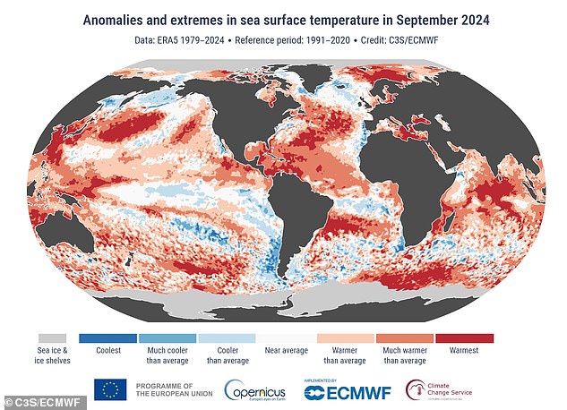 Septiembre de 2024 fue el segundo septiembre más cálido registrado a nivel mundial, con una temperatura promedio del aire en la superficie de 61,1 °F (16,17 °C). Este mapa muestra dónde la Tierra sufrió extremos en términos de calor el mes pasado, en comparación con el período de referencia 1991-2020.