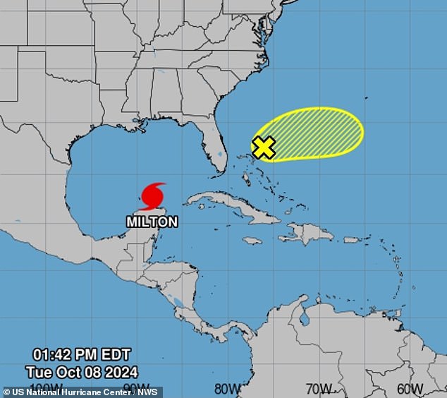 El Centro Nacional de Huracanes de EE. UU. ha identificado una tormenta potencial (en amarillo arriba) que surge inmediatamente después del mortal huracán Milton de categoría 5. En este momento, este frente climático tiene un 20 por ciento de posibilidades de convertirse en una tormenta tropical o algo peor, que se llamaría 'Nadine'.