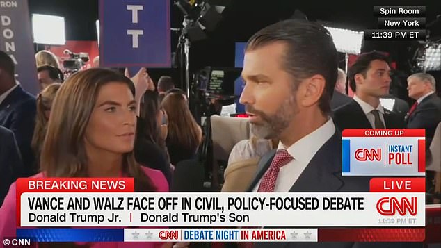 La presentadora de CNN Kaitlan Collins y Donald Trump Jr. tuvieron un tenso intercambio en la sala de spinning después del debate vicepresidencial del martes.