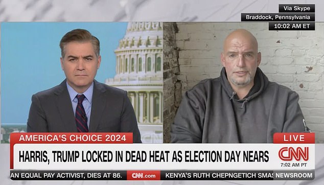 El senador de Pensilvania John Fetterman (derecha) dijo el lunes en CNN que la vicepresidenta Kamala Harris ganaría 