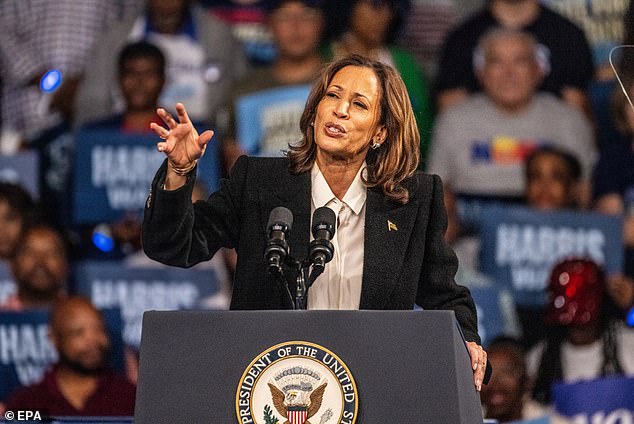 La vicepresidenta estadounidense y actual candidata presidencial demócrata, Kamala Harris, habla durante un mitin de campaña en el Williams Arena de Greenville, Carolina del Norte.