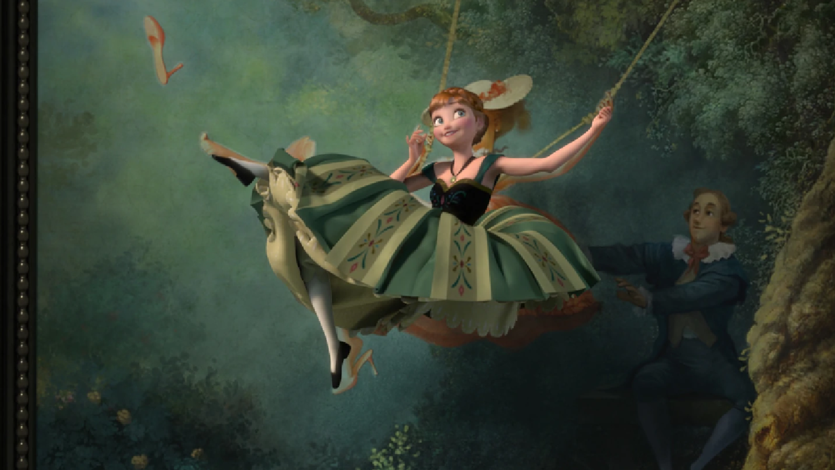 Anna swinging through the halls of the castle in Frozen