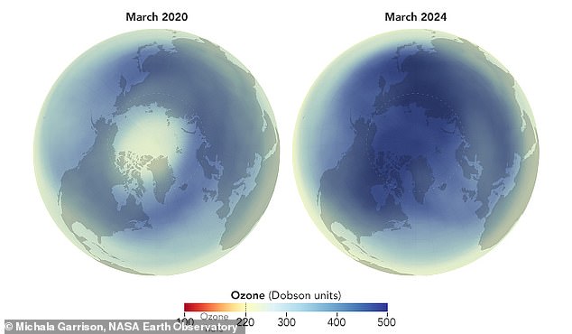 Los investigadores han descubierto que la capa de ozono sobre el Ártico alcanzó un espesor récord en marzo de 2020 (derecha). Esto contrasta marcadamente con marzo de 2020 (izquierda), cuando se abrió un agujero de ozono sin precedentes sobre el polo.