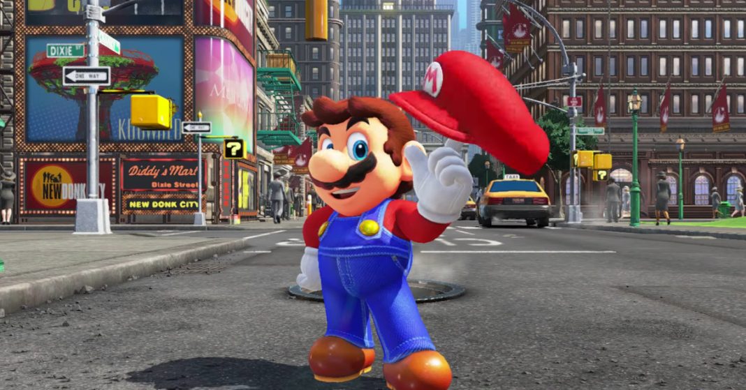 A screenshot of Mario twirling his hat on his finger in Super Mario Odyssey.