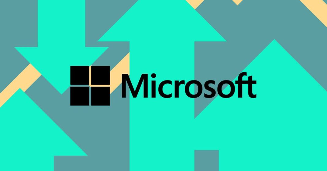 Vector collage of the Microsoft logo among arrows and lines going up and down.