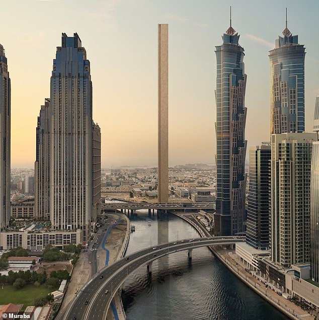 Está previsto que la delgada torre Muraba Veil (centro) se ubique junto a un canal y a Sheikh Zayed Road, una de las carreteras más transitadas de Dubái.