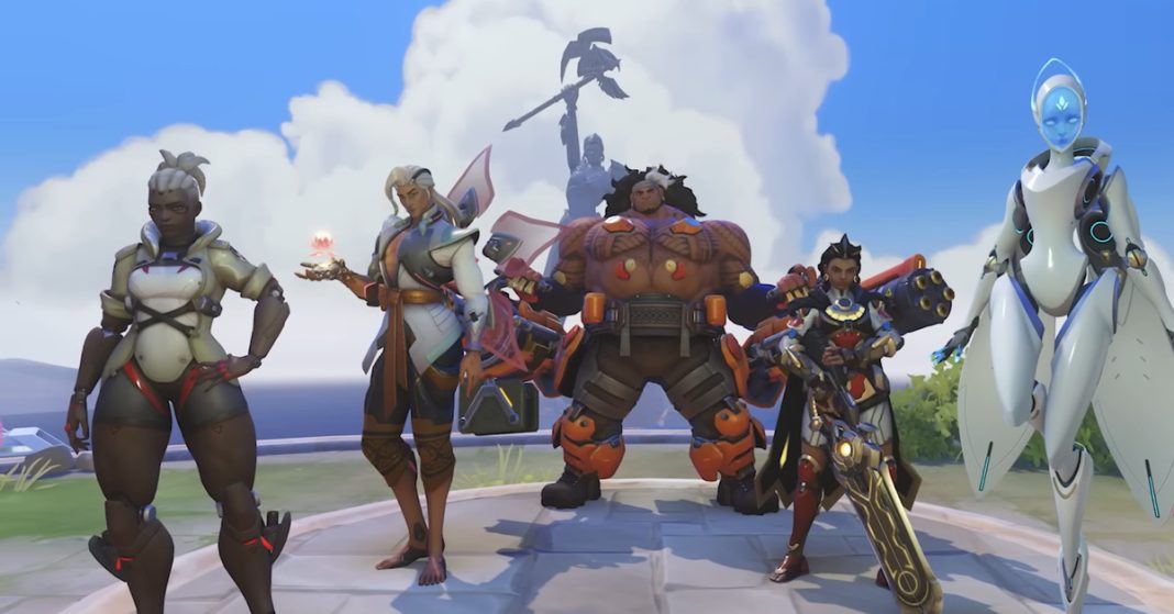 Screenshot of several Overwatch characters posing (Sojourn, Lifeweaver, Mauga, Illari, and Echo)