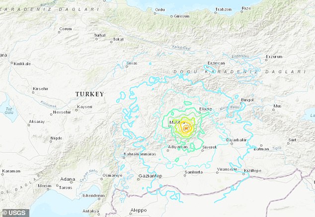 Mapa interactivo del Servicio Geológico de Estados Unidos (USGS) que muestra dónde se sintió el terremoto en la provincia turca de Malatya