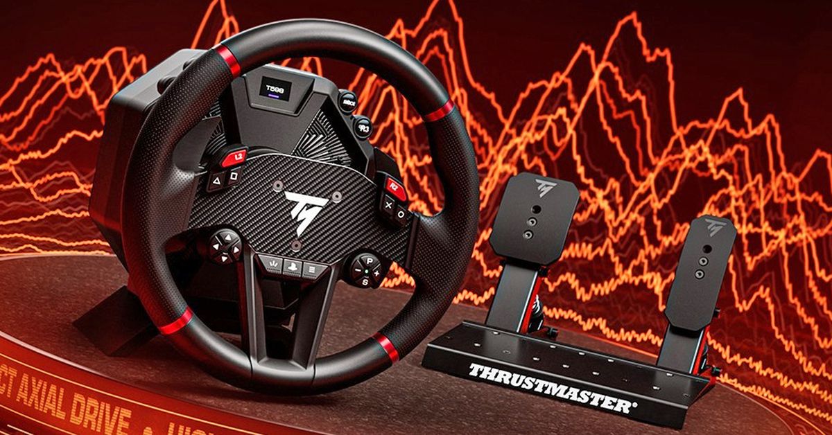 Thrustmaster’s T598 racing wheel next to its Raceline Pedals LTE.