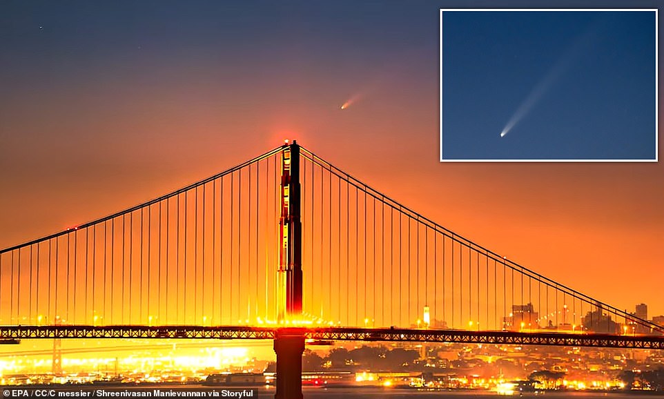 El 'cometa del siglo' fue avistado en San Francisco, California, el viernes por la mañana temprano, y los astrónomos creen que hará otra aparición en octubre. El hermoso espectáculo se vio al amanecer sobre el puente Golden Gate el viernes por la mañana alrededor de las 6 a.m.