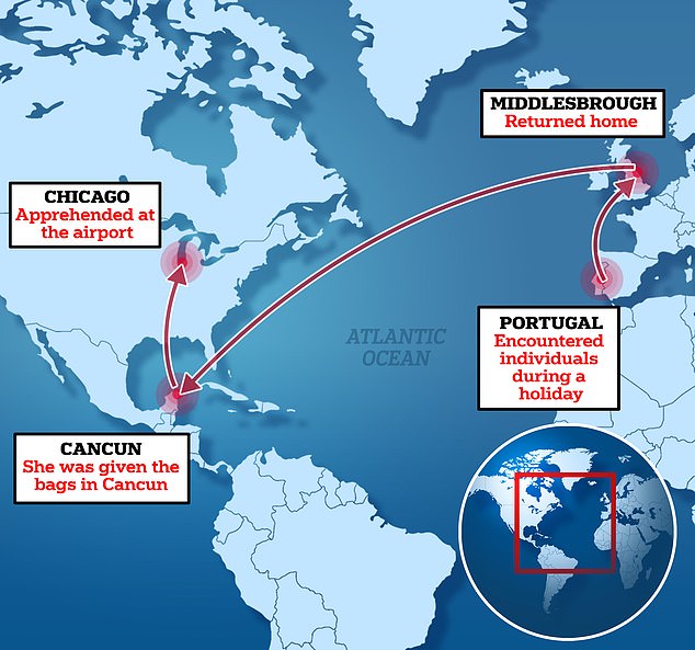 Un mapa revela el viaje de una esteticista británica de 28 años que se enfrenta a 60 años de prisión en Estados Unidos por 