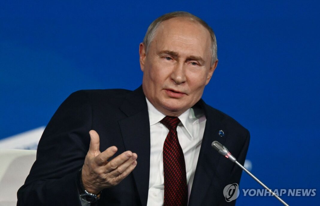 In this pool photograph distributed by Russian state-owned news agency Sputnik and released by AFP, Russia's President Vladimir Putin answers a question during the Valdai Discussion Club meeting in Sochi on Nov. 7, 2024. (Yonhap)