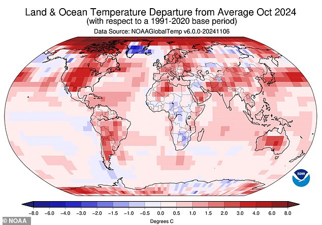 La temperatura de la superficie global de octubre de 2024 fue 2,38 °F (1,32 °C) por encima del promedio del siglo XX de 57,2 °F (14,0 °C), lo que lo convierte en el segundo octubre más cálido registrado.