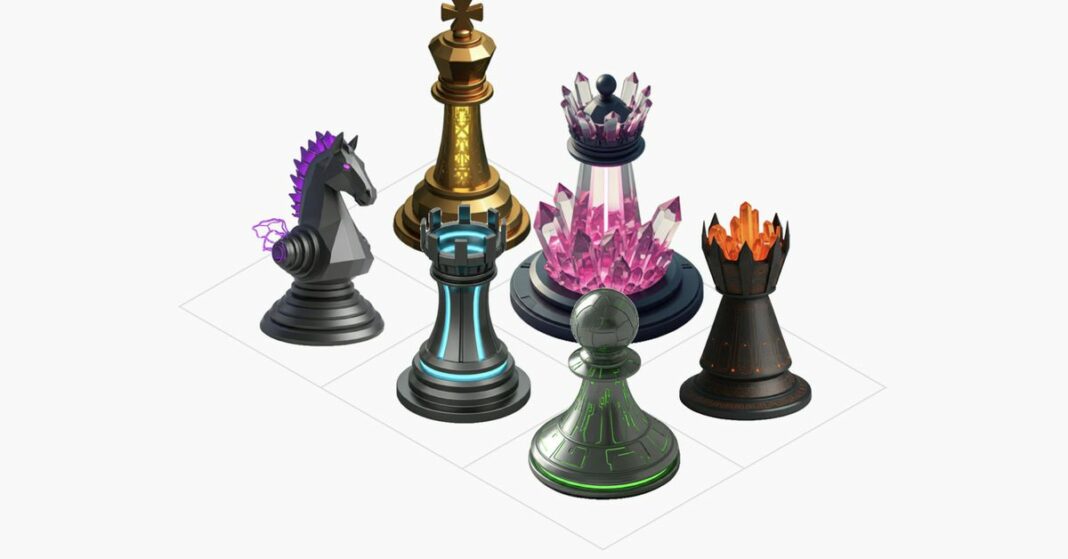 Six chess pieces in different styles.