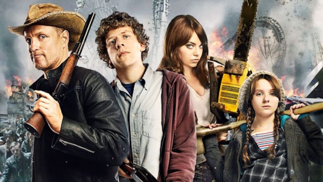 Zombieland poster with Woody Harrelson, Jesse Eisenberg, Emma Stone and Abigail Breslin with weapons in hand