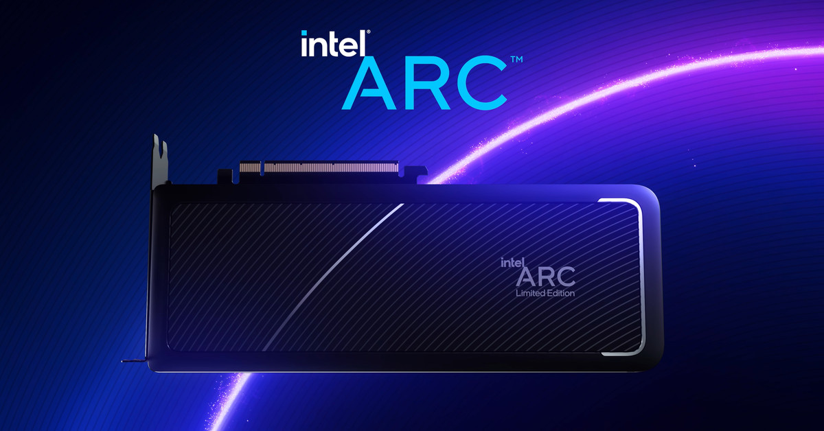 Product shot of one of Intel’s new Arc graphics cards with the text Intel Arc displayed