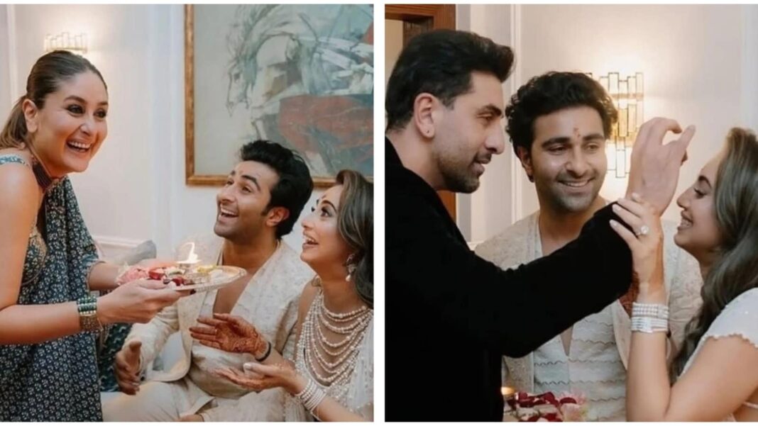 Kareena Kapoor hace aarti, Ranbir Kapoor aplica tika en fotografías internas de Aadar Jain, la ceremonia de roka de Alekha Advani
