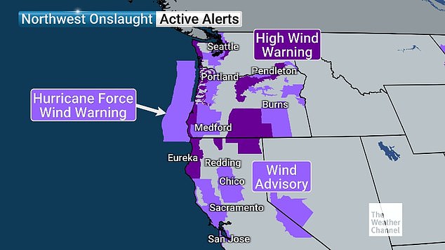 El Servicio Meteorológico Nacional (NWS) emitió una advertencia de vientos huracanados para áreas frente a la costa de Oregón, el sur de Washington y el extremo norte de California el martes de 1 p.m. a 10 p.m. PT.