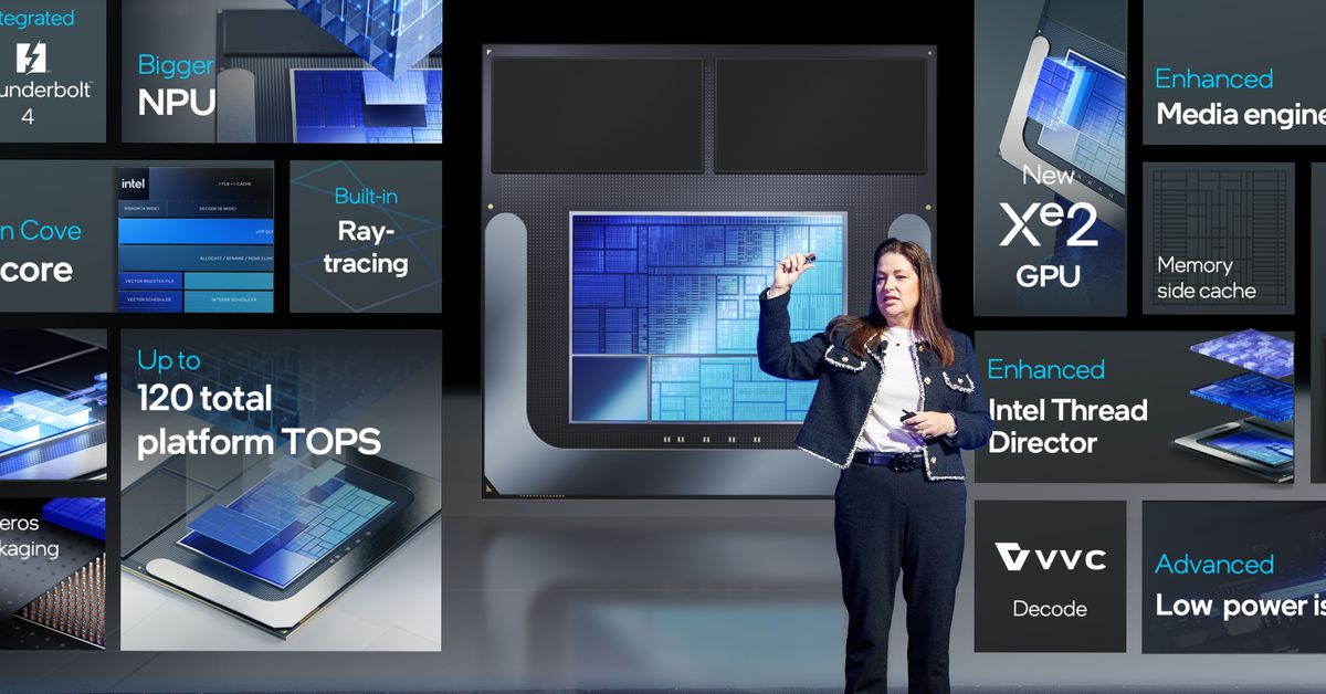 A woman giving a presentation on stage holding a processor, with a background displaying specs for the Intel Lunar Lake chip.