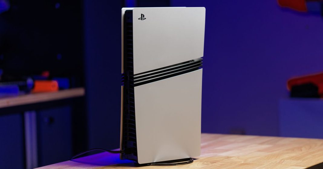 The PS5 Pro, a new PlayStation in white, with black  strakes along its sides.