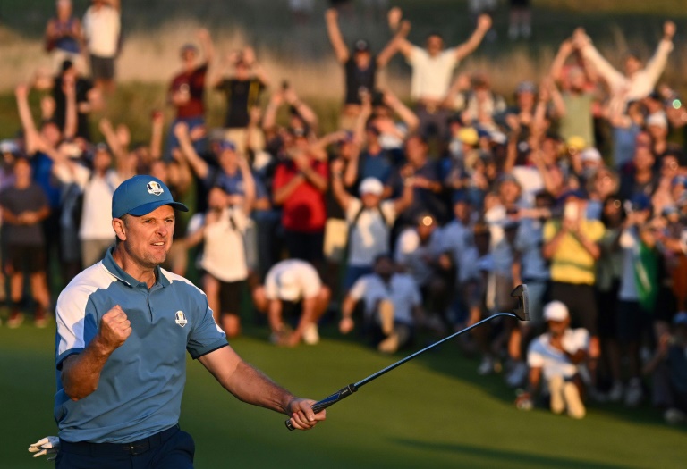 Justin Rose celebrates holing a putt during the 2023 Ryder Cup in Rome (Paul ELLIS)