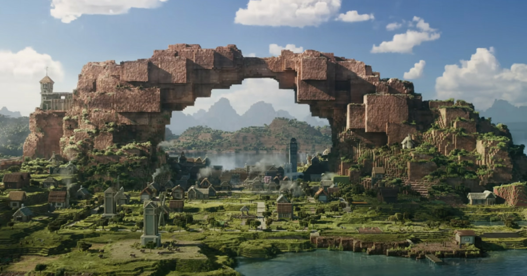 Still image from A Minecraft Movie showing a large stone archway looming over a village below.