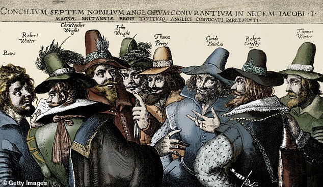 En lo que se conoció como el complot de la pólvora, los conspiradores católicos liderados por Robert Catesby (representado arriba con Guy Fawkes y otros conspiradores) planearon fatídicamente matar a James I haciendo volar el Parlamento en 1605.