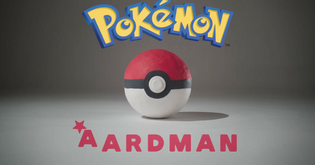 A pokéball made of clay. Above the pokéball is the Pokémon logo, and below is is the logo for studio Aardman.