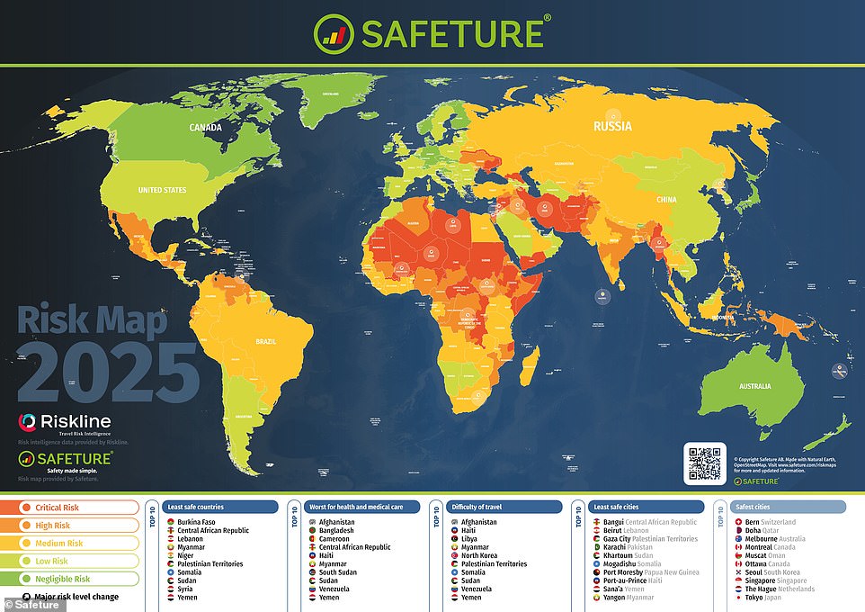 Israel, Cisjordania, Gaza, Líbano e Irán se encuentran entre los países más peligrosos del mundo para visitar en 2025, según el Mapa Mundial de Riesgos que muestra dónde los viajeros tienen más probabilidades de enfrentar amenazas a la seguridad.