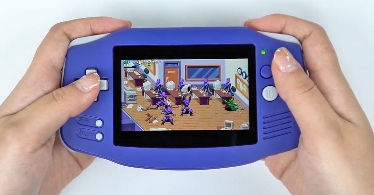 A person is playing a Teenage Mutant Ninja Turtles game on the Anbernic RG34XX retro handheld.