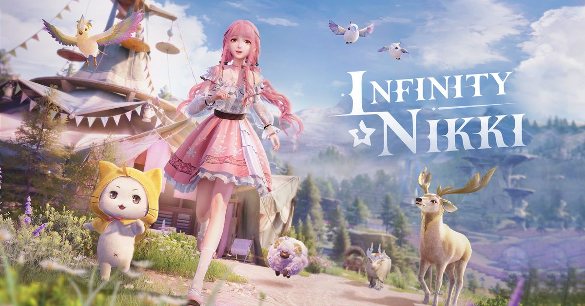 Key Art from Infinity Nikki featuring a young woman with pink hair and wearing a pink skirt with a white top running next to a bipedal cat wearing a yellow cloak.