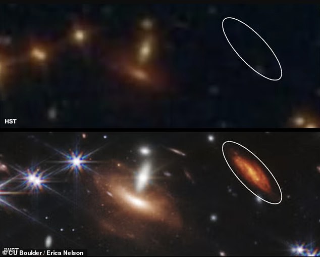 Arriba, dos imágenes que representan la misma región del espacio muestran cómo las 'galaxias OVNI' eludieron la detección de telescopios anteriores. La imagen superior tomada por el Telescopio Espacial Hubble no logró detectar la señal de calor infrarrojo que captó la imagen del Telescopio Espacial James Webb, debajo.