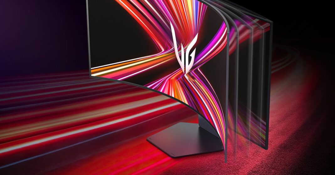 A marketing image of the LG UltraGear OLED Bendable Gaming Monitor.