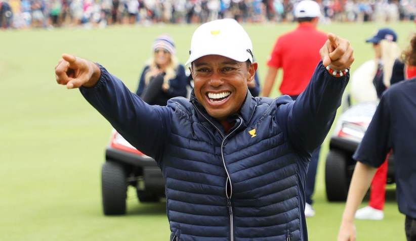 Tiger Woods celebrates the U.S. Presidents Cup victory in 2019 in Australia.