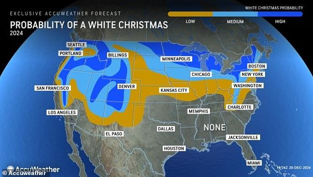 La mayoría de la gente sueña con una Navidad blanca, pero el pronóstico navideño sugiere que sólo los estadounidenses en 18 estados tienen una alta probabilidad de despertarse con nieve. Los meteorólogos de AccuWeather informaron que la nieve es 