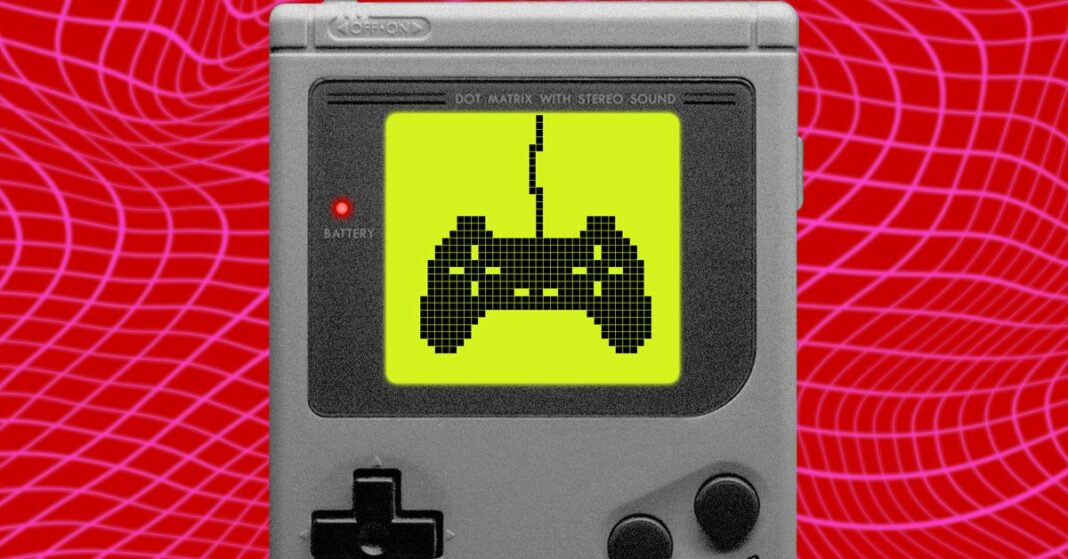 A photo collage of a Nintendo Game Boy with a PlayStation controller on the screen.