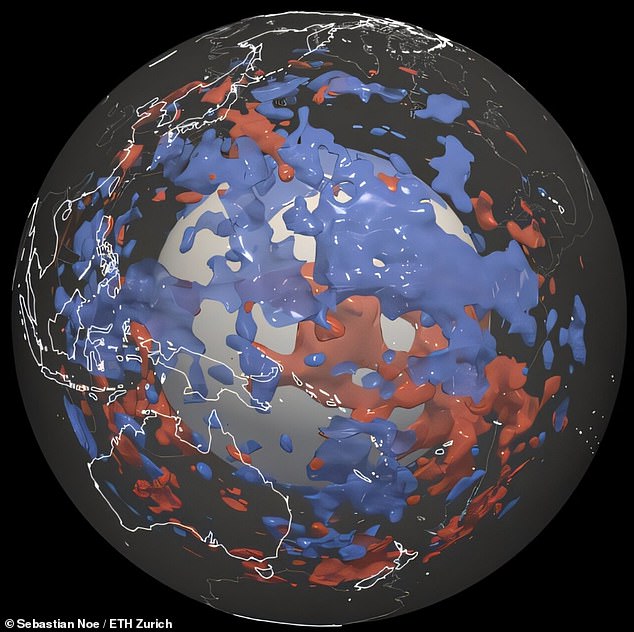 Utilizando un nuevo modelo, los investigadores descubren zonas en el manto inferior de la Tierra donde las ondas sísmicas viajan más lento (rojo) o más rápido (azul) y no pueden provenir de placas subducidas. La gran zona azul en el Pacífico occidental (justo encima del centro de la imagen) era desconocida hasta ahora.