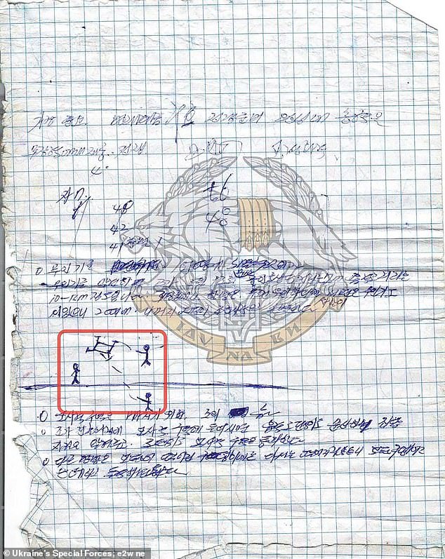 En una página de un cuaderno, un dibujo a bolígrafo muestra a un soldado hombre palo rompiendo la cubierta para atraer la atención de un dron ucraniano mientras dos compañeros soldados se esconden en el fondo para derribarlo.