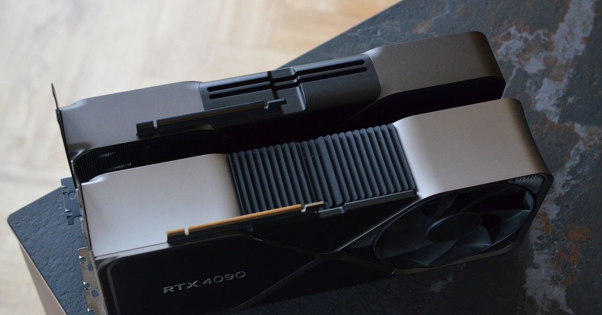 Picture showing two graphics cards from above, with the new TX 5090 noticeably slimmer.