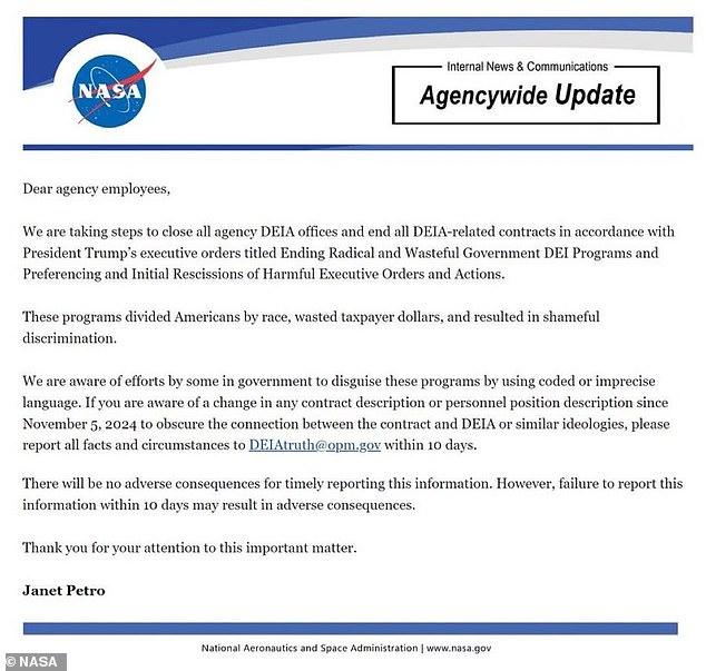 La administradora interina de la NASA, Janet Petro, emitió un correo electrónico para toda la empresa detallando cómo la agencia pondrá fin a sus programas DEI.