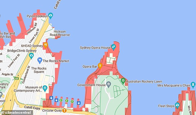 El mapa muestra que el aumento inundaría la ópera de Sydney con su ubicación frente al mar, Bennelong Point, reducida a una pequeña isla