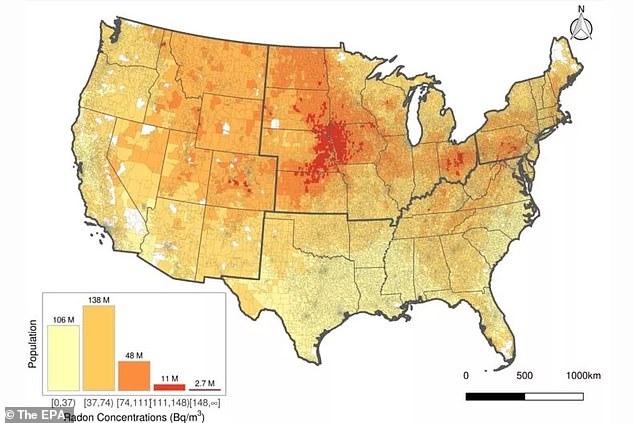 Un nuevo mapa ha revelado que hasta el 25 por ciento de los estadounidenses viven en áreas donde la Agencia de Protección Ambiental (EPA) considera inseguros los niveles de radón. Se encontró que los lugares en rojo tenían niveles de radón iguales o superiores al nivel de acción de 148 Bq/m³.