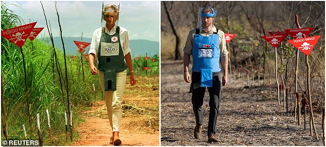 La princesa Diana caminando en un campo minado en Angola en 1997, izquierda, y el príncipe Harry reconectándose con su causa en 2019 en un campo diferente en Angola, derecha.