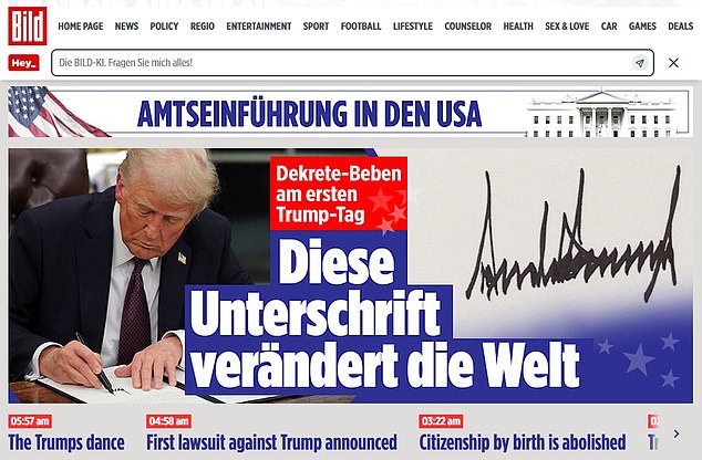 Bild encabezó su cobertura de la toma de posesión de Trump con 'la firma que cambia el mundo'