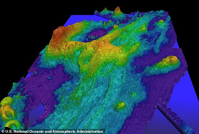 Axial Sewunt, un volcán submarino masivo ubicado a casi 300 millas de la costa de Oregon, muestra signos de una erupción inminente (en la foto: Vista térmica 3D del volcán)