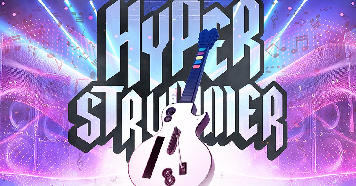 A promotional image for Hyperkin’s Hyper Strummer Guitar Hero controller.