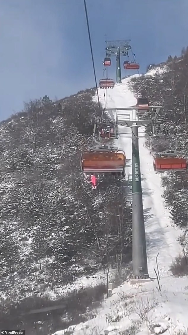 Los turistas vieron al joven colgando de una silla ascendente del teleférico en Genting Resort Secret Garden en Zhangjiakou, Hebei.