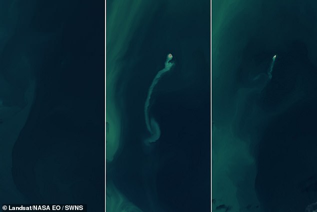 Los satélites Landsat 8 y 9 de la NASA capturaron imágenes de la isla el 18 de noviembre de 2022 (izquierda), el 14 de febrero de 2023 (centro) y el 25 de diciembre de 2024 (derecha).