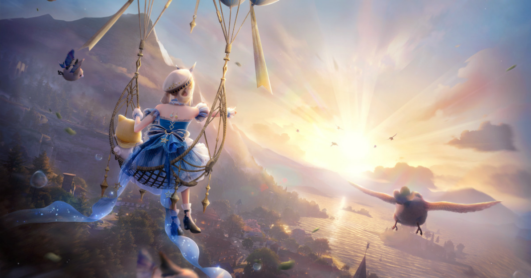 Screenshot from Infinity Nikki featuring the titular heroine Nikki, a young woman with blonde hair wearing a blue dress sitting on a hot air ballon with a cat wearing a yellow cloak